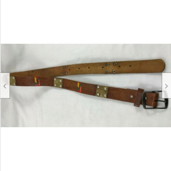 Leather Belt w/ Brass Plate Accent & Painted Design Ladies Small 35" - Picture 5 of 8